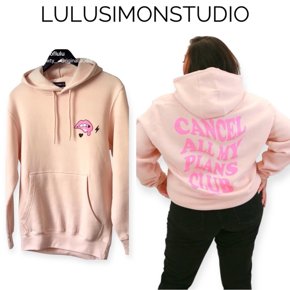 LULUSIMONSTUDIO CANCEL ALL MY PLANS PEACHY PINK GRAPHIC COZY HOODIE